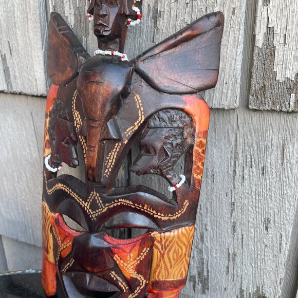 African Kenyan Tribal Multiple Face Mask with Elephant Hand Carved Wooden - Picture 4 of 6